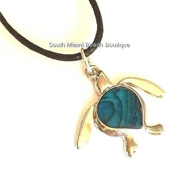 Silver Abalone Sea Turtle Surfer Necklace 22" Blue Shell Mens Womens Island - Picture 1 of 10